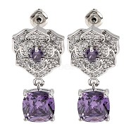 Rack Plating Brass Micro Pave Cubic Zirconia Dangle Stud Earrings, Flower, Dark Orchid, 26.5x14.5mm(EJEW-I304-12P-01)