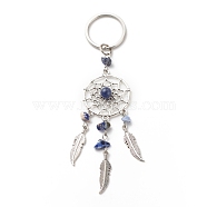 Natural Sodalite Keychain, with Iron, 304 Stainless Steel & Alloy Findings, Woven Net/Web with Feather, 11.4~11.8cm(KEYC-JKC00346-02)