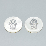 Freshwater Shell Pendants, Covered with Iron Findings, Flat Round with Hamsa Hand/Hand of Fatima /Hand of Miriam, Platinum, 30~31x2~3mm, Hole: 1.8mm(SHEL-Q016-012P)