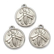 304 Stainless Steel Charms, Flat Round with Bee, Stainless Steel Color, 14.5x13x2mm, Hole: 1.4mm(STAS-P279-36P)
