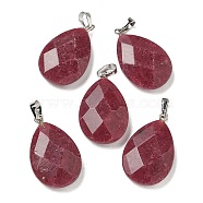 Natural Dyed White Jade Pendants, Faceted Teardrop Charms with Platinum Tone Brass Snap on Bails, FireBrick, 27.5x18x6.5mm, Hole: 6x3.5mm(G-K385-04P-01)