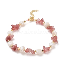 Natural Strawberry Quartz Chip Beaded Bracelets for Women, with Natural Freshwater Pearls and Brass Findings, Inner Diameter: 7-1/2 inch(19cm)(BJEW-F478-02A)