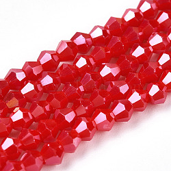 Opaque Solid Color Electroplate Glass Beads Strands, Pearl Luster Plated, Faceted, Bicone, Crimson, 2.9~3.3x2.5mm, Hole: 0.7mm, about 145~150pcs/strand, 16.34~16.54 inch(41.5~42cm)(EGLA-A039-P2mm-A02)