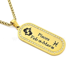 Constellation 304 Stainless Steel Micro Pave Clear Cubic Zirconia Wheat Chain Pendant Necklaces for Women Men, Real 18K Gold Plated, Pisces, 23.62 inch(60cm), Pendant: 46x19mm(NJEW-U007-01D)