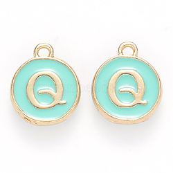 Golden Plated Alloy Enamel Charms, Cadmium Free & Lead Free, Enamelled Sequins, Flat Round with Letter, Turquoise, Letter.Q, 14x12x2mm, Hole: 1.5mm(X-ENAM-S118-05Q)