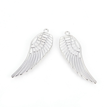 Alloy Pendants, Lead Free and Cadmium Free, Wing, Platinum Color, Size: about 48mm long, 16mm wide, 1.5mm thick, hole: 1.5mm