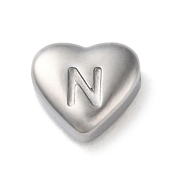 201 Stainless Steel Beads, Stainless Steel Color, Heart, Letter N, 7x8x3.5mm, Hole: 1.5mm