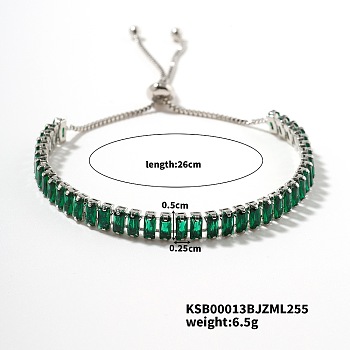 Brass Emerald Rhinestone Box Chain Slider Bracelets for Women, Platinum, 10-1/4 inch(26cm)