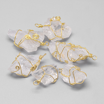 Rough Raw Natural Quartz Crystal Pendants, Rock Crystal Pendants, with Brass Findings, Nuggets, Golden, 30~77x18~28x10~25mm, Hole: 3mm