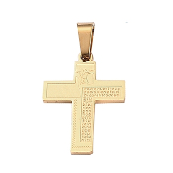 304 Stainless Steel Pendants, Religion Theme,Cross with Saying/Message, Golden, 24.5x17.5x1.3mm, Hole: 7.3mm