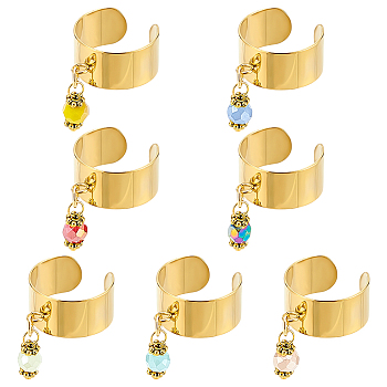 7Pcs 304 Stainless Steel Open Cuff Finger Rings, Faceted Glass Charm Rings, Mixed Color, 35mm, 7pcs/set