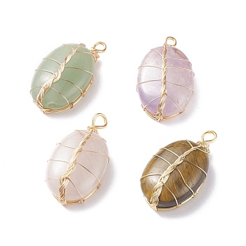 Natural Gemstone Pendants, with Real 18K Gold Plated Copper Wire Wrapped, Oval, 31~34x18x10mm, Hole: 2mm