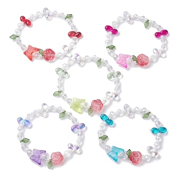 Butterfly & Flower Transparent Glass Stretch Bracelet, with Acrylic Charm, Mixed Color, 2-1/4 inch(5.7cm)