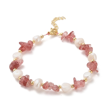 Natural Strawberry Quartz Chip Beaded Bracelets for Women, with Natural Freshwater Pearls and Brass Findings, Inner Diameter: 7-1/2 inch(19cm)