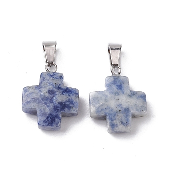Natural Blue Spot Jasper Pendants, Cross Charms with Stainless Steel Color Plated Stainless Steel Snap on Bails, 20~20.5x15.5~16.5x6~7mm, Hole: 7x4.5mm