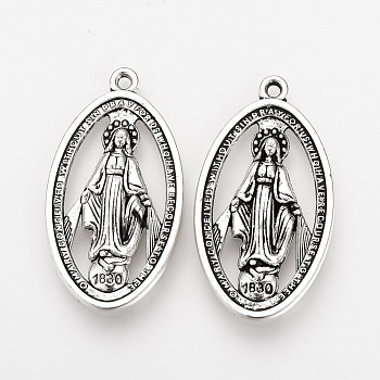Tibetan Style Alloy Pendants, Miraculous Medal, 1830 The Blessed Virgin Mary, Cadmium Free & Lead Free, Oval, Antique Silver, 36x20x3mm, Hole: 2mm, about 285pcs/1000g