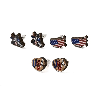 3 Pairs 3 Styles Independence Day Theme Wood Stud Earrings Sets, 316 Steel Needle Jewelry for Women, Mixed Shapes, 16.5x15mm