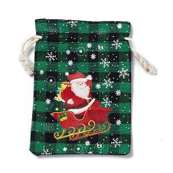 Christmas Theme Rectangle Jute Bags with Jute Cord, Tartan Drawstring Pouches, for Gift Wrapping, Green, Santa Claus, 13.8~14x9.7~10.3x0.07~0.4cm
