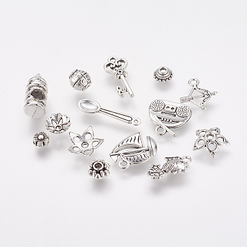 Assorted Tibetan Style Alloy Findings, Mixed Style, Antique Silver, 5.5~24x3~15x1~10mm, Hole: 1~5mm