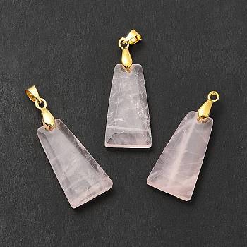 Natural Rose Quartz Pendants, Faceted Trapezoid Charms, with Rack Plating Golden Tone Brass Findings, Cadmium Free & Lead Free, 25~26x12.5~13x3.5~4mm, Hole: 5x4mm