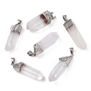 Electroplate Natural Quartz Pendants, with Brass Findings, Platinum , 35~57x14~19x11~14mm, Hole: 5x3mm