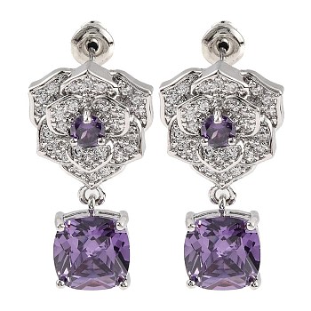 Rack Plating Brass Micro Pave Cubic Zirconia Dangle Stud Earrings, Flower, Dark Orchid, 26.5x14.5mm