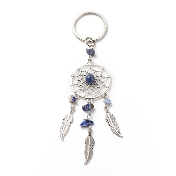 Natural Sodalite Keychain, with Iron, 304 Stainless Steel & Alloy Findings, Woven Net/Web with Feather, 11.4~11.8cm