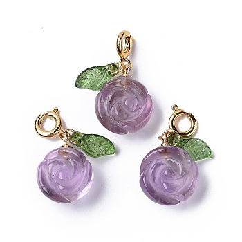 Natural Amethyst Rose Spring Ring Clasp Charms, Rack Plating Brass Spring Ring Clasps, Golden, 23mm, Flower: 15x12x7mm, Leaf: 10x5x2mm