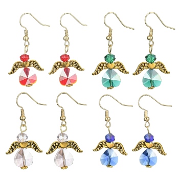 Angel Dangle Earrings for Women, Glass Earring with Alloy Wing & Brass Earring Hooks, Mixed Color, 39~41x20mm