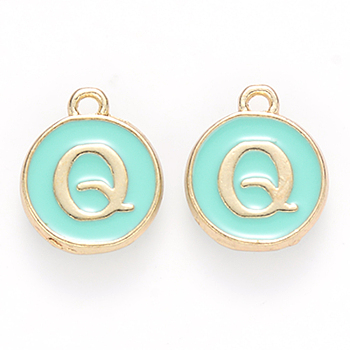 Golden Plated Alloy Enamel Charms, Cadmium Free & Lead Free, Enamelled Sequins, Flat Round with Letter, Turquoise, Letter.Q, 14x12x2mm, Hole: 1.5mm