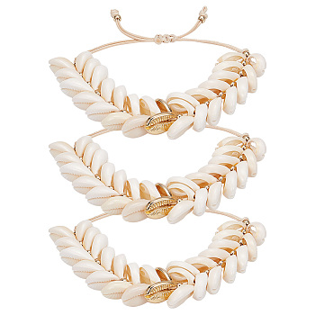 Elite 3Pcs Natural Cowrie Shell Charm Bracelets Set, Ocean Theme Adjustable Bracelets for Women, Cornsilk, Inner Diameter: 2-1/4~4-3/8 inch(5.7~11cm)