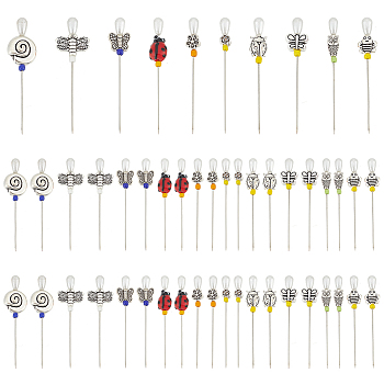 50Pcs 10 Style Garden Theme Iron Head Pins, Straight Pins with Acrylic Imitation Pearl & Alloy Flower/Butterfly/Owl, Dressmaker Pins, Sewing Pin for DIY Sewing Crafts, Antique Silver, 54mm, 5pcs/style