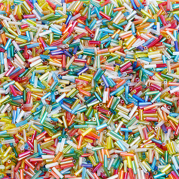 4000Pcs Transparent Colours Rainbow Glass Round Bugle Beads, Mixed Color, 6.5~7.5x1.5mm, Hole: 0.8mm