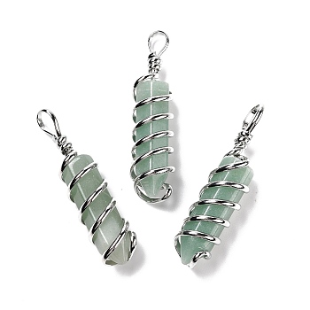 Natural Green Aventurine Big Pendants, Eco-Friendly Copper Wire Wrapped, Platinum, Cadmium Free & Lead Free, Bullet, 54.5x14x13.5mm, Hole: 8mm