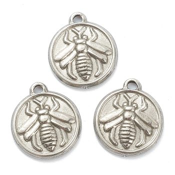 304 Stainless Steel Charms, Flat Round with Bee, Stainless Steel Color, 14.5x13x2mm, Hole: 1.4mm