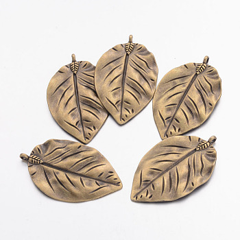 Tibetan Style Alloy Leaf Big Pendants, Cadmium Free & Nickel Free & Lead Free, Antique Bronze, 52x32x3mm, Hole: 3mm
