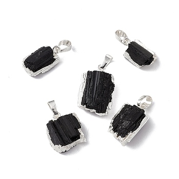 Natural Black Tourmaline Pendants, Nuggets Charms, with Brass Findings, Cadmium Free & Lead Free, Silver, 16~27.5x9.5~17x7~11.5mm, Hole: 5x8mm