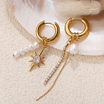 304 Stainless Steel Clear Cubic Zirconia Hoop Earrings, with Freshwater Pearl, Star, Left and Right, Chain Charm, Real 18K Gold Plated, 80.3x47mm(WG9E1A8-01)