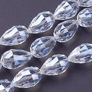 Transparent Glass Bead Strands, Faceted, teardrop, Clear, 27~28x18mm, Hole: 2mm, about 25pcs/strand, 26.3 inch~27.1 inch(67cm~69cm)(EGLA-E049-NB01)