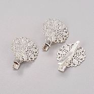 Iron Alligator Hair Clip Findings, with Brass Filigree Flower Tray, Silver Color Plated, 35x25x10mm(PHAR-B014-S)