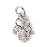 Brass Micro Pave Cubic Zirconia Charm, with Jump Rings, Hamsa Hand with Heart Charm, Platinum, 12x8x2.5mm, Hole: 2.7mm(ZIRC-F132-87P)