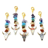 Alloy Ox-Head Shape Enamel Pendants Decorations, with Alloy Lobster Claw Clasps and Chakra Gemstone Chip Beads, Mixed Color, 73~76mm(HJEW-JM01773)