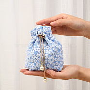 Fiber Embossed Flower Drawstring Candy Bags, with Chain, Wedding Candy Cloth Pouches, Square, Light Sky Blue, 15x15cm(PW-WG61065-06)