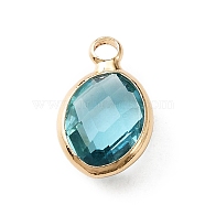 Faceted Glass Pendants, March Birthstone Charms, with Brass Cabochon Settings, Oval, Golden, Cyan, 13x8x4mm, Hole: 1.6mm(KK-WH0046-59G-03)