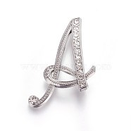 Alloy Brooches, with Rhinestone, Letter, Letter.A, Platinum, 45x36x4mm, Pin: 1mm(JEWB-WH0005-01A-P)