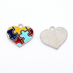 Zinc Alloy Enamel Pendants, for Jewelry  Making, Heart with Puzzle Pattern, Colorful, Platinum, 19x20x1.5mm, Hole: 2mm(PALLOY-TAC0022-05)