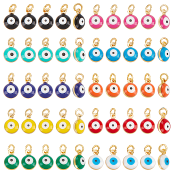 50Pcs 10 Colors Brass Enamel Charms, Real 18K Gold Plated, Long-Lasting Plated, with Jump Ring, Evil Eye, Mixed Color, 9.5x6.5x4.5mm, Hole: 2.5mm, 5pcs/color