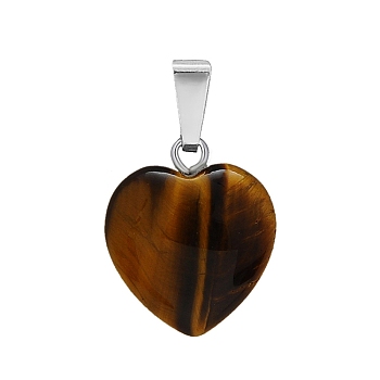 Natural Tiger Eye Charms, with Silver Tone Metal Findings, Heart, 16x6mm