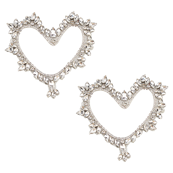 2Pcs Hollow Heart Handicraft Beading Felt Appliques, with Rhinestone, Costume Accessories, Sewing Craft Decoration, White, 101.5x108x5.5mm