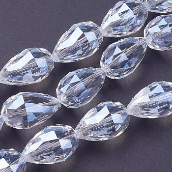 Transparent Glass Bead Strands, Faceted, teardrop, Clear, 27~28x18mm, Hole: 2mm, about 25pcs/strand, 26.3 inch~27.1 inch(67cm~69cm)
